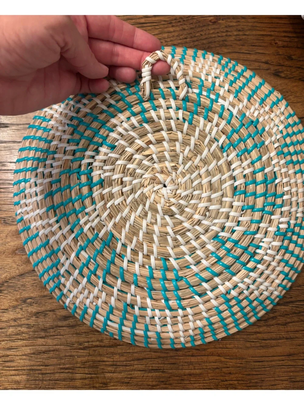 Set of 2 Handwoven Senegalese African Wall Baskets Turquoise Coral Boho Decor